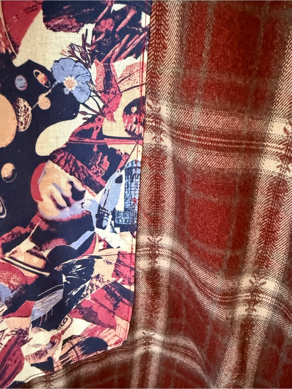 AKIRA Brown/Red Plaid Wide-Leg Pants with Floral Patchwork - Picture 4 of 13